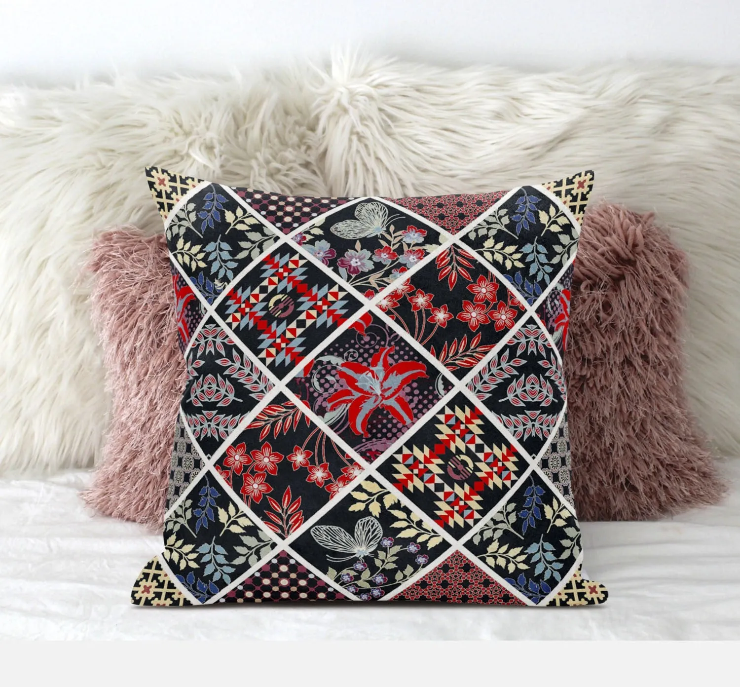 16” Black Red Patch Suede Zippered Throw Pillow