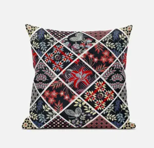16” Black Red Patch Suede Zippered Throw Pillow