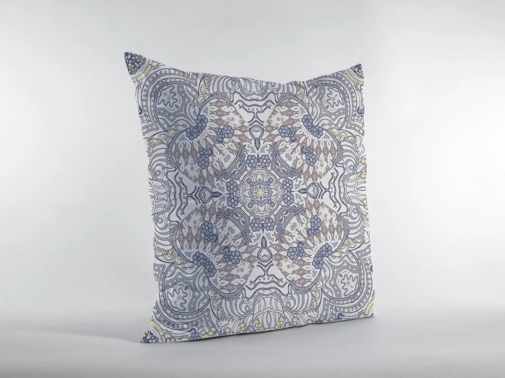 16” Yellow Gray Boho Ornate Indoor Outdoor Zippered Throw Pillow