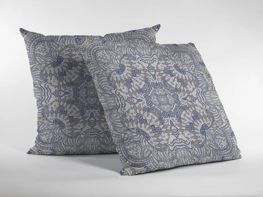 16” Yellow Gray Boho Ornate Indoor Outdoor Zippered Throw Pillow