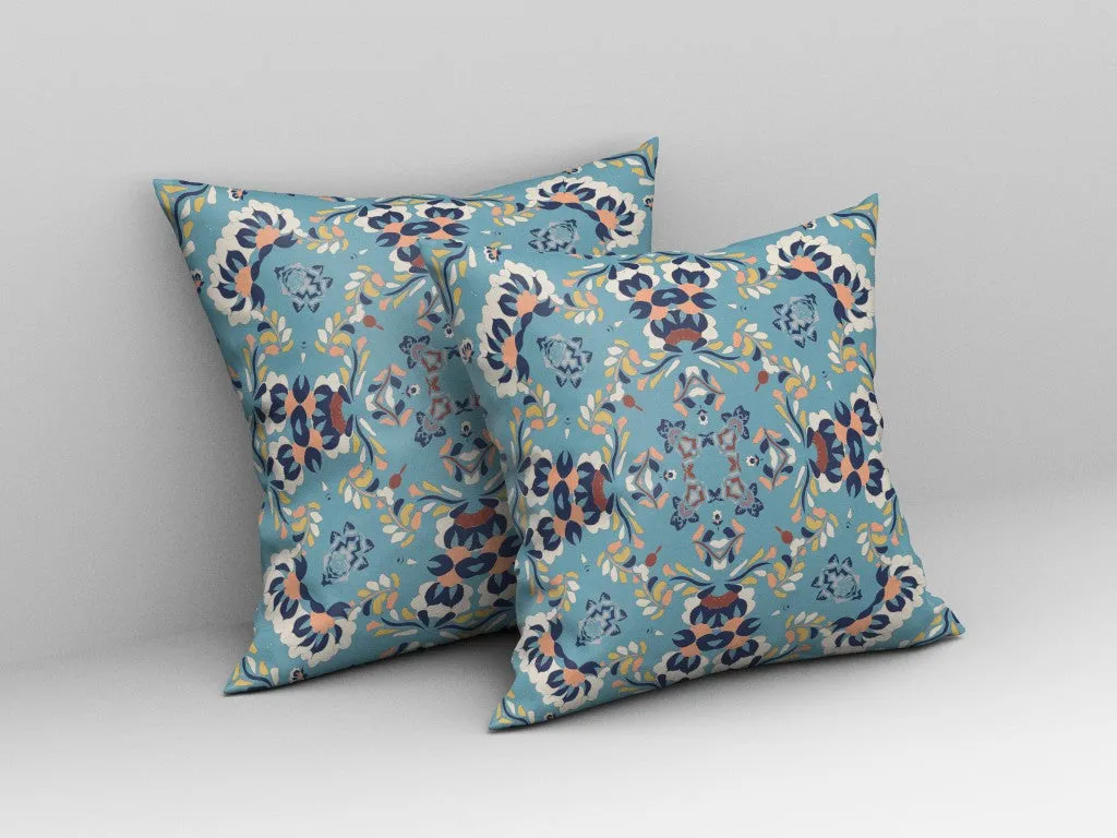 16" Blue Peach Filigree Indoor Outdoor Zip Throw Pillow