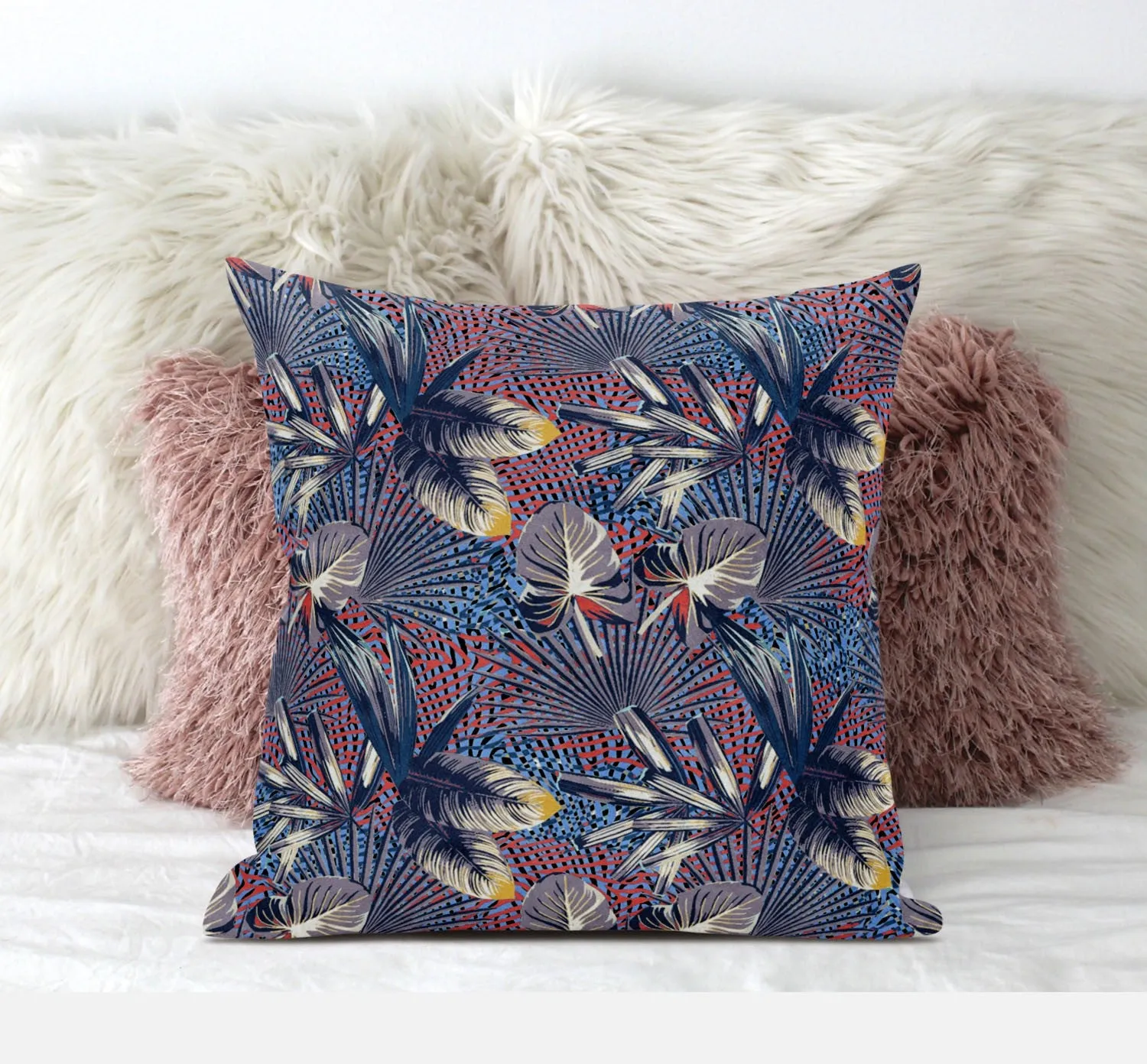 18” Indigo Red Tropical Zippered Suede Throw Pillow