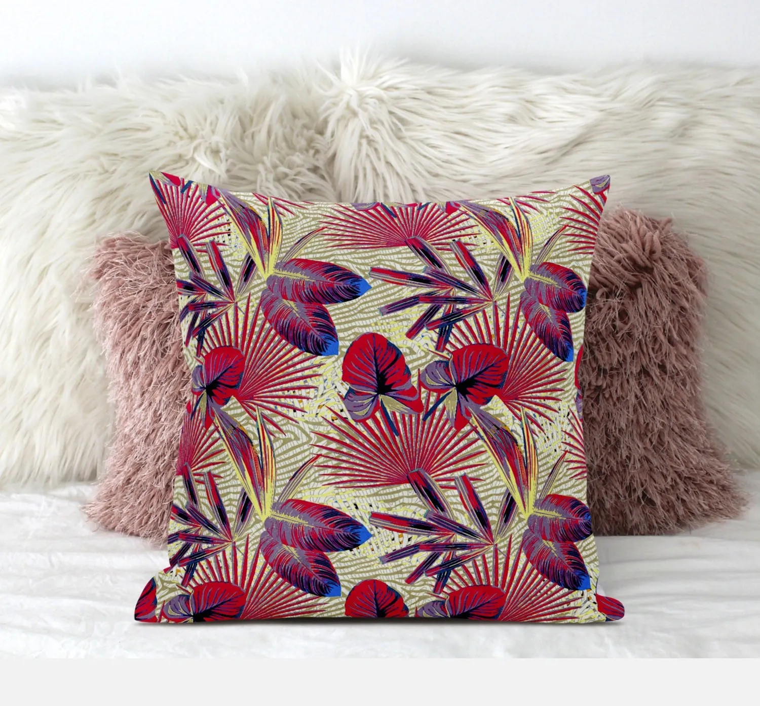 18” Pink Yellow Tropical Zippered Suede Throw Pillow