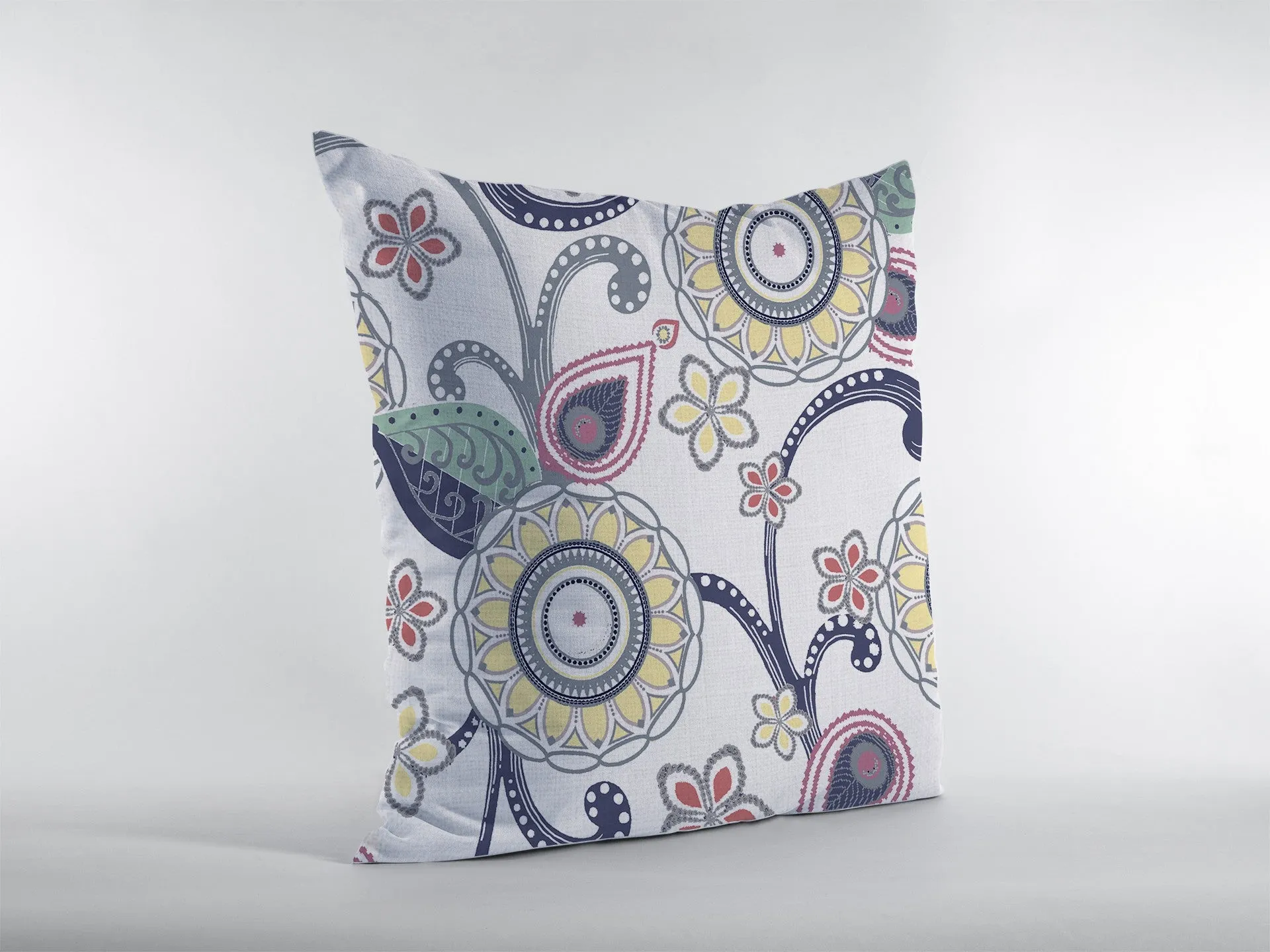 18” White Yellow Floral Indoor Outdoor Zippered Throw Pillow
