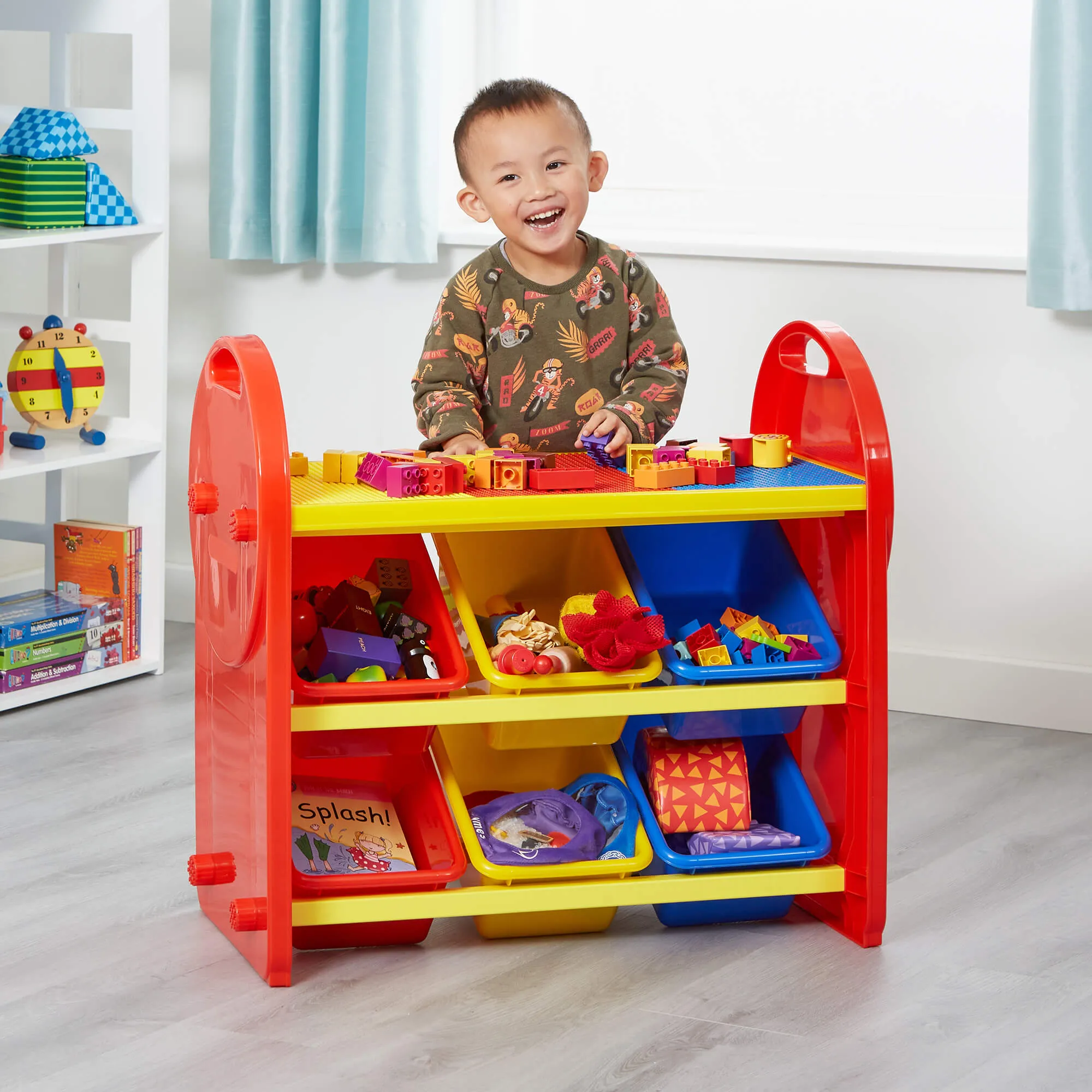 2-in-1 Montessori 6 Bin Colourful Toy Storage Unit | Lego Activity Table