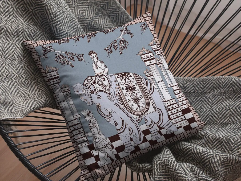 20” Blue Brown Ornate Elephant Indoor Outdoor Zippered Throw Pillow