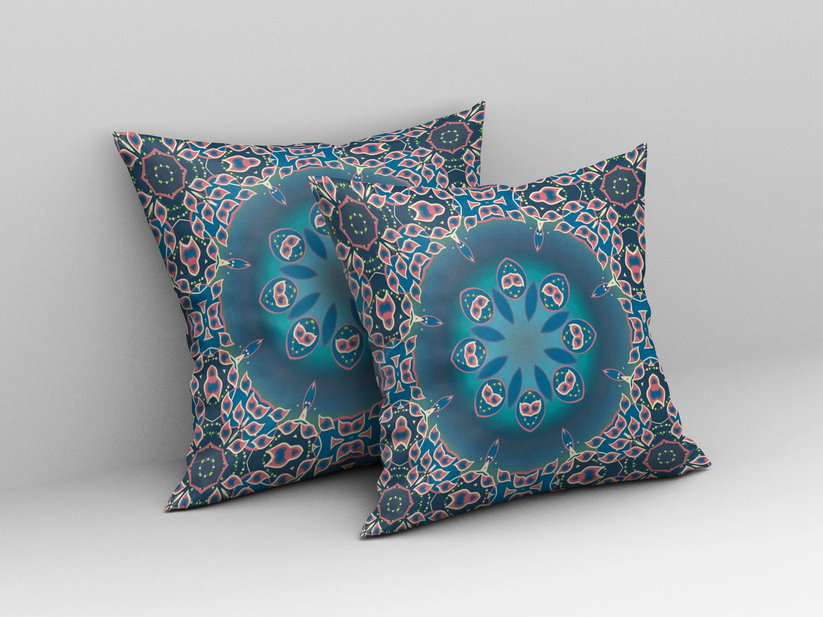 20” Blue Pink Jewel Indoor Outdoor Zippered Throw Pillow