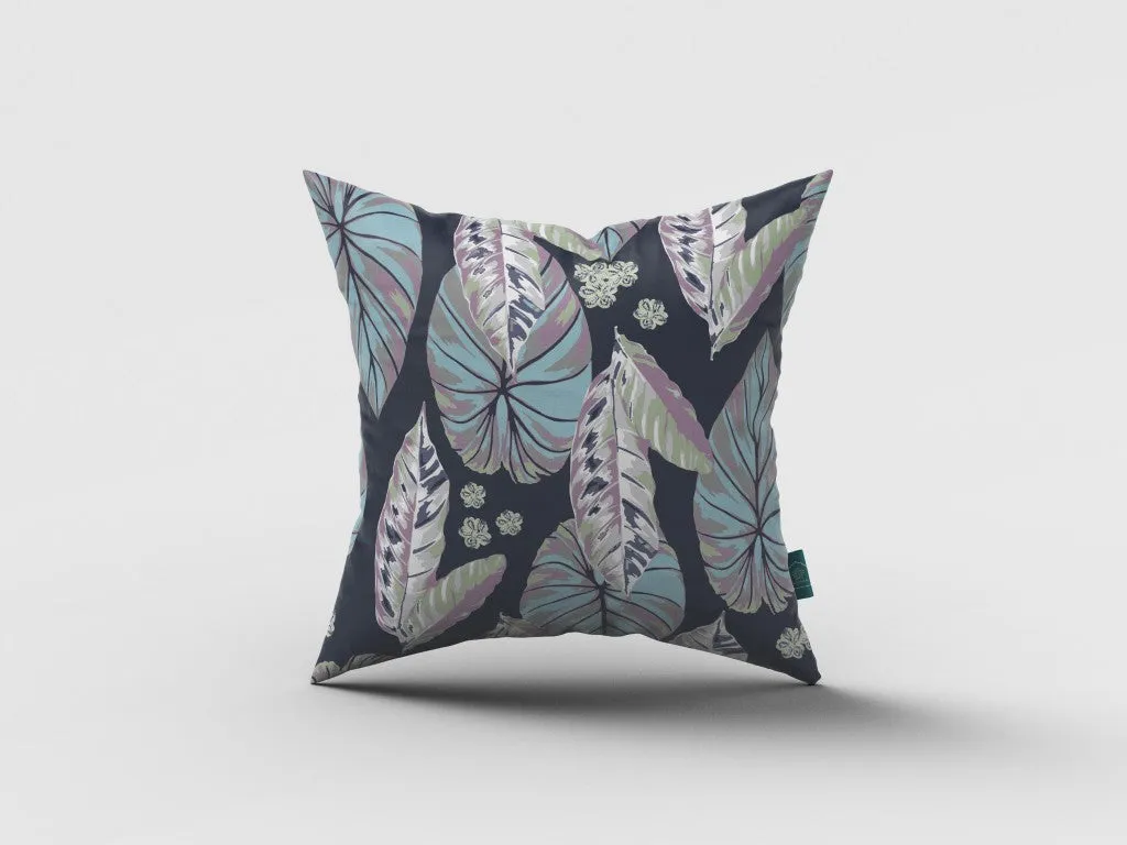 20” Blue Purple Tropical Leaf Indoor Outdoor Zippered Throw Pillow