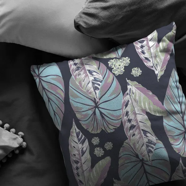 20” Blue Purple Tropical Leaf Indoor Outdoor Zippered Throw Pillow