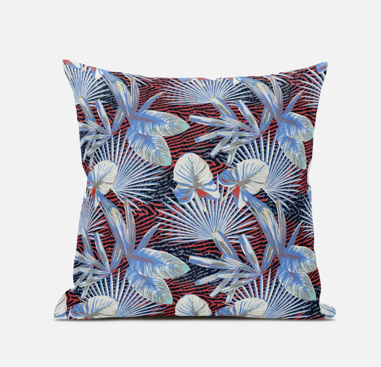 20” Blue Red Tropical Zippered Suede Throw Pillow