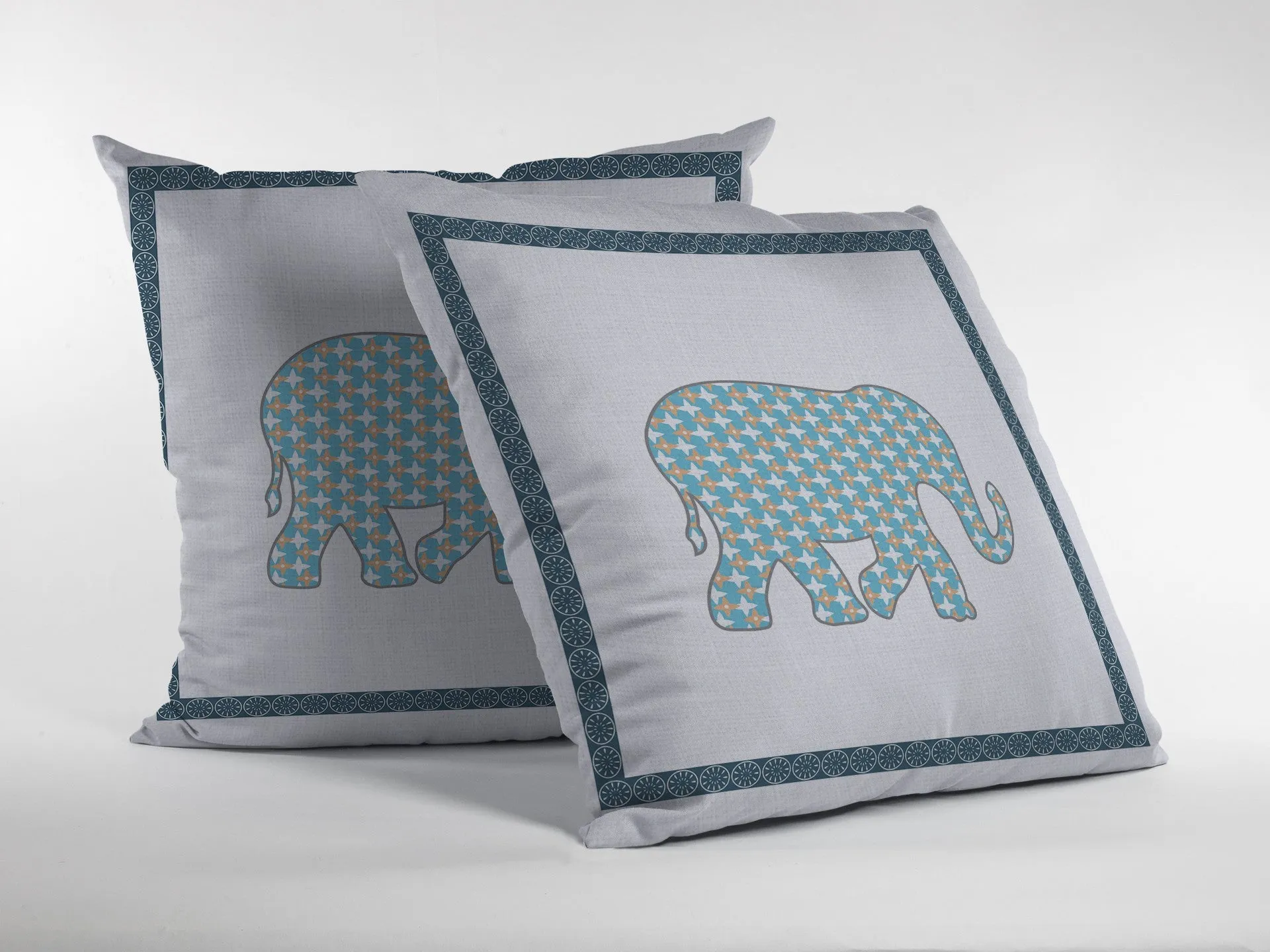 20” Blue White Elephant Indoor Outdoor Zippered Throw Pillow