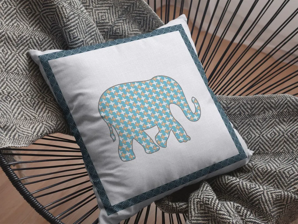 20” Blue White Elephant Indoor Outdoor Zippered Throw Pillow