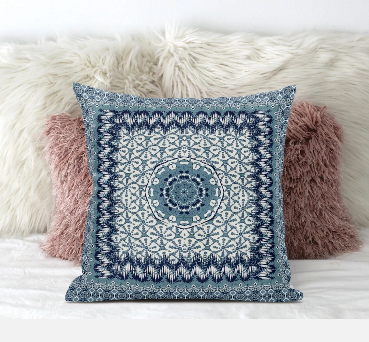 20” Blue White Holy Floral Zippered Suede Throw Pillow