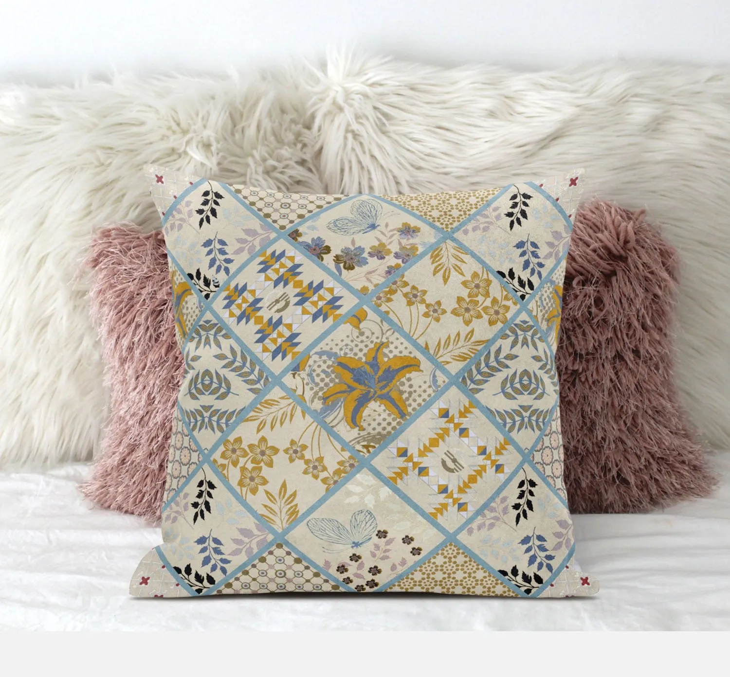 20” Gold Cream Patch Suede Zippered Throw Pillow