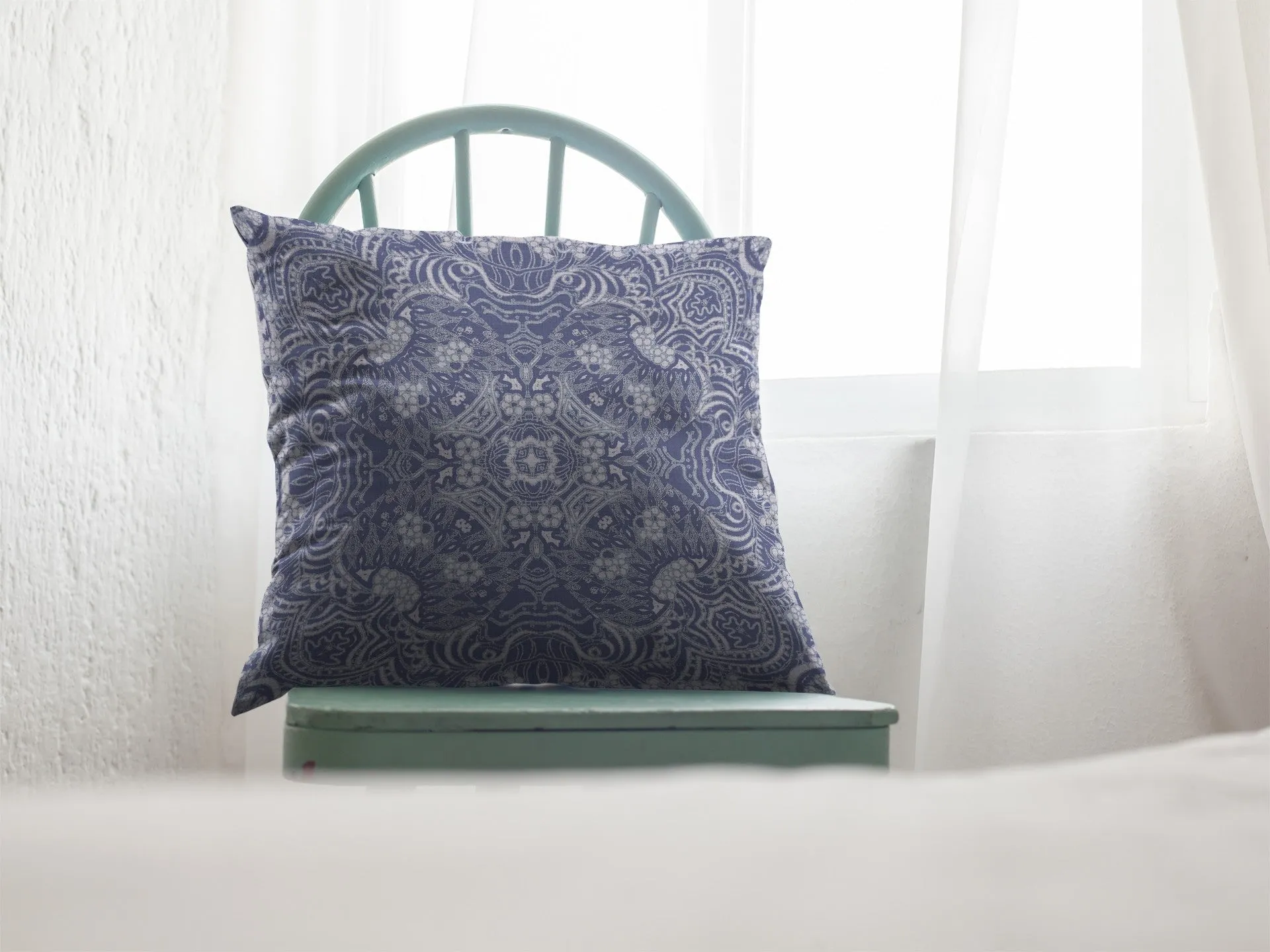 20” Indigo White Boho Ornate Indoor Outdoor Zippered Throw Pillow