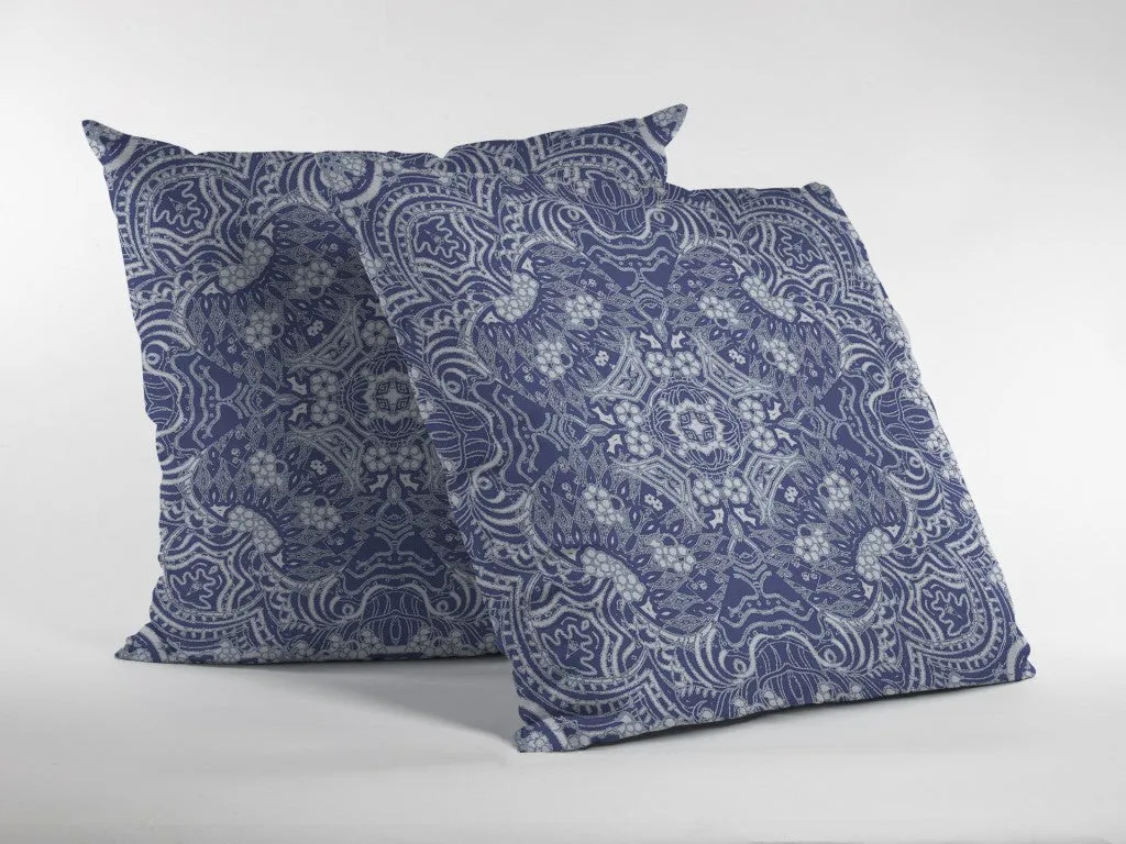 20” Indigo White Boho Ornate Indoor Outdoor Zippered Throw Pillow