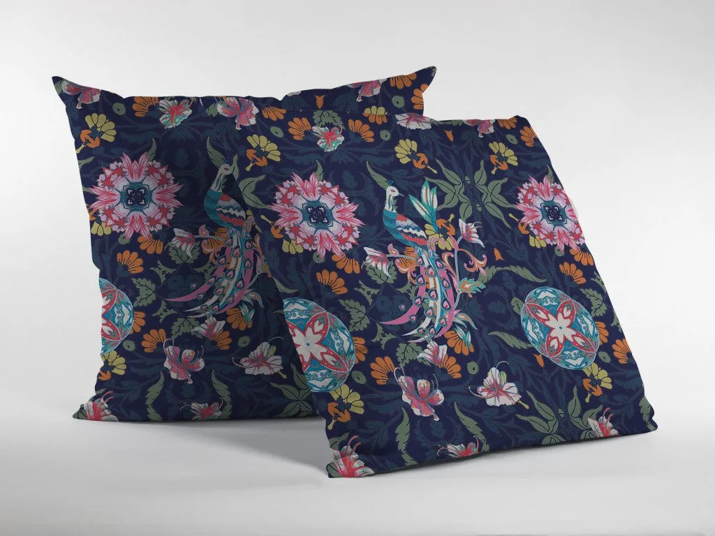 20" Navy Pink Peacock Indoor Outdoor Zippered Throw Pillow