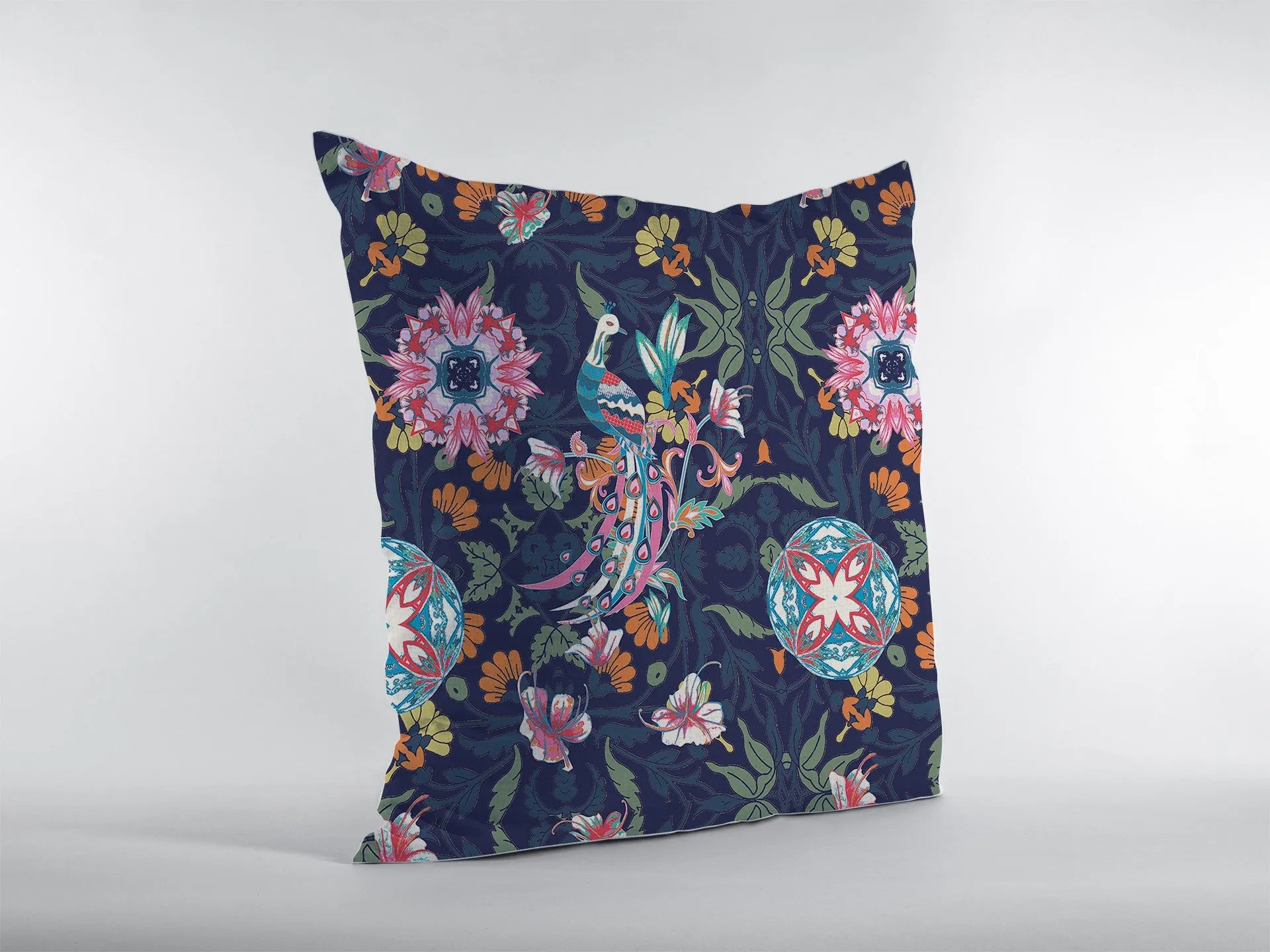 20" Navy Pink Peacock Indoor Outdoor Zippered Throw Pillow