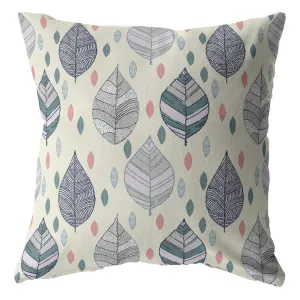 26” Cream Gray Leaves Indoor Outdoor Zippered Throw Pillow