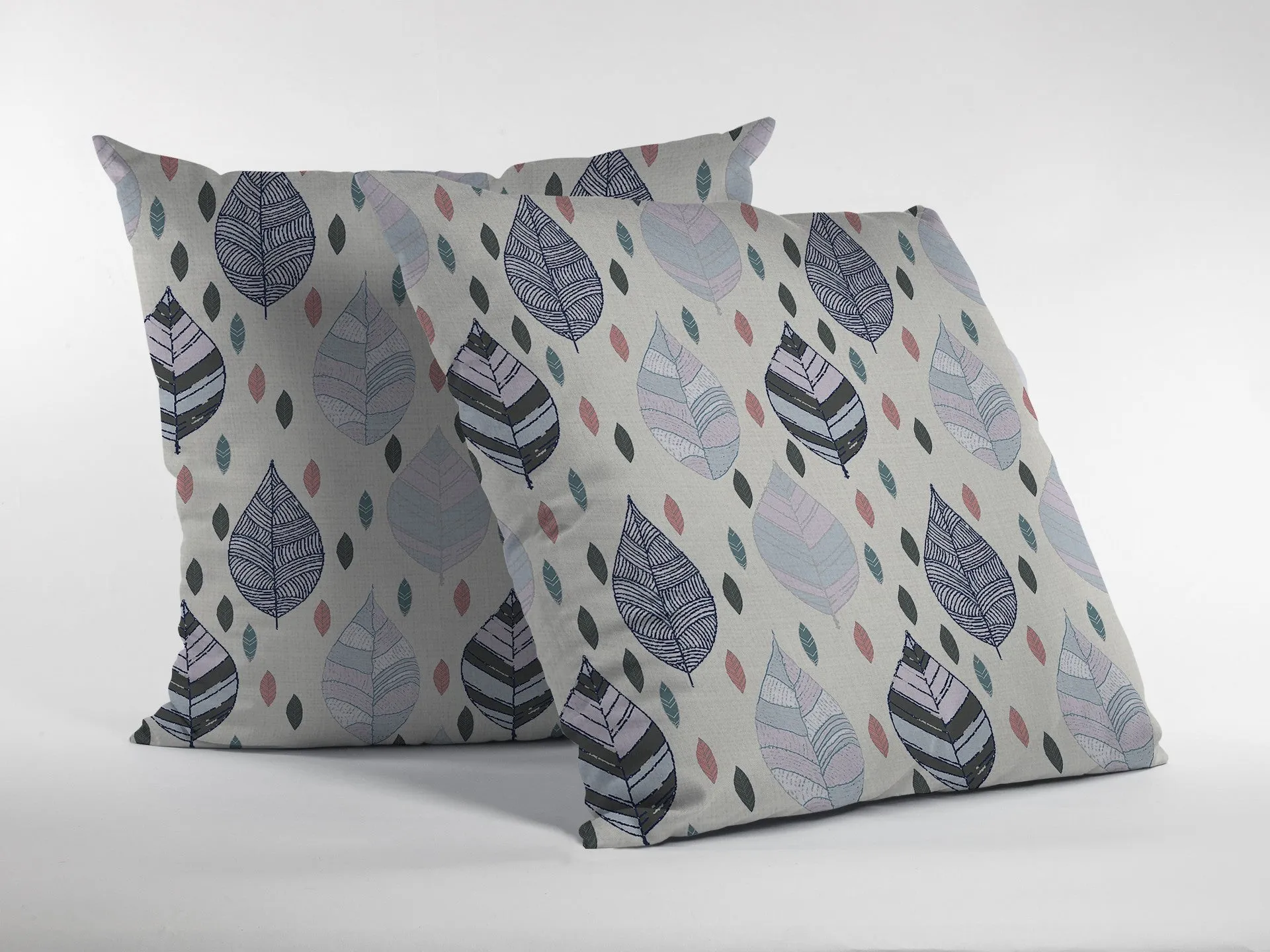 26” Cream Gray Leaves Indoor Outdoor Zippered Throw Pillow