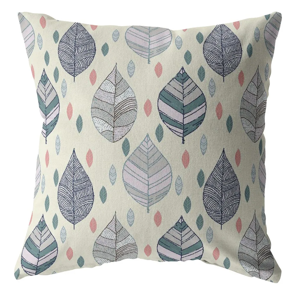 26” Cream Gray Leaves Indoor Outdoor Zippered Throw Pillow