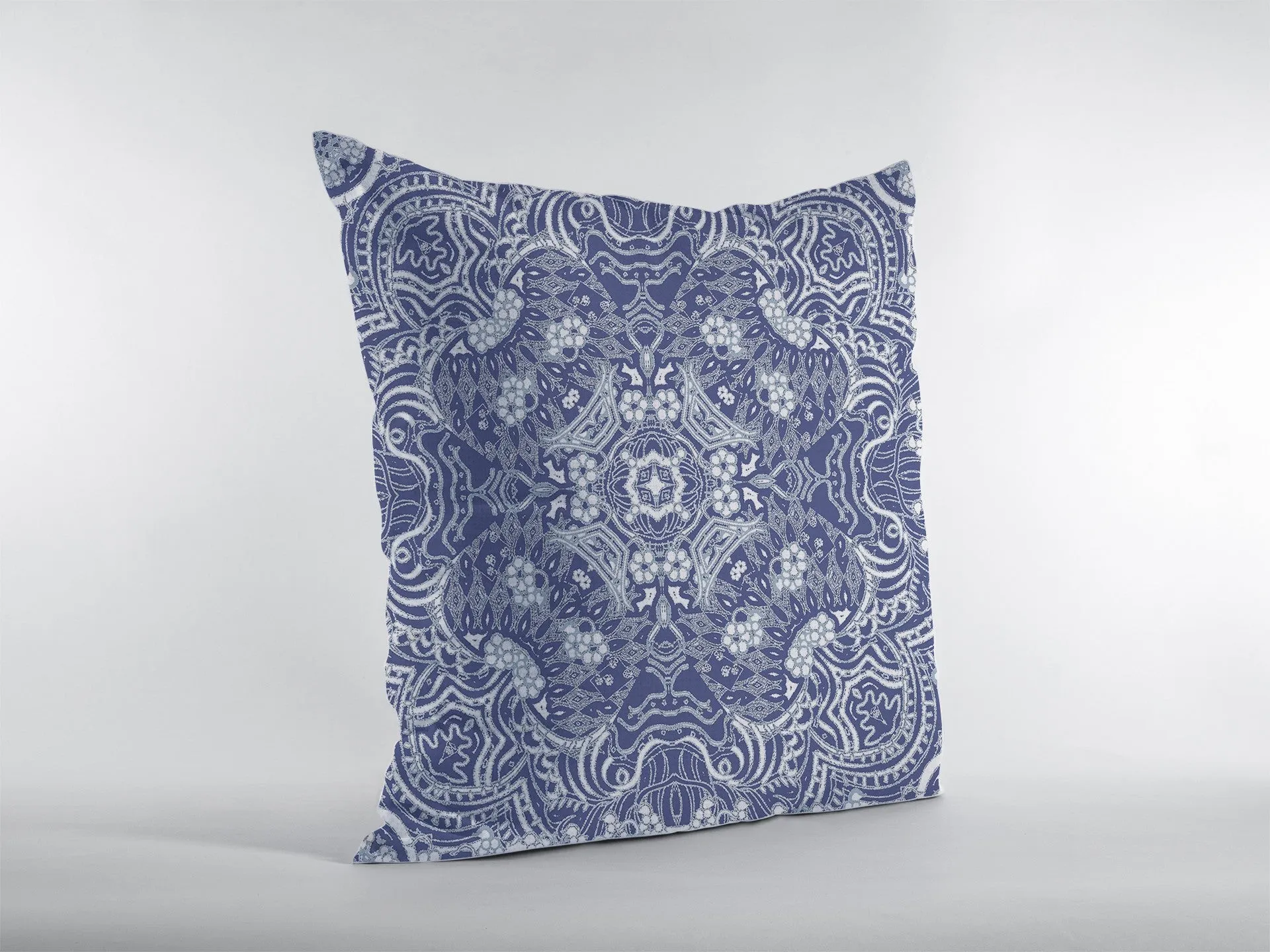 26” Indigo White Boho Ornate Indoor Outdoor Zippered Throw Pillow