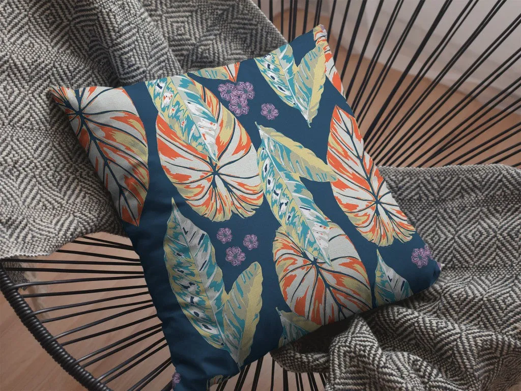 26” Orange Blue Tropical Leaf Indoor Outdoor Zippered Throw Pillow