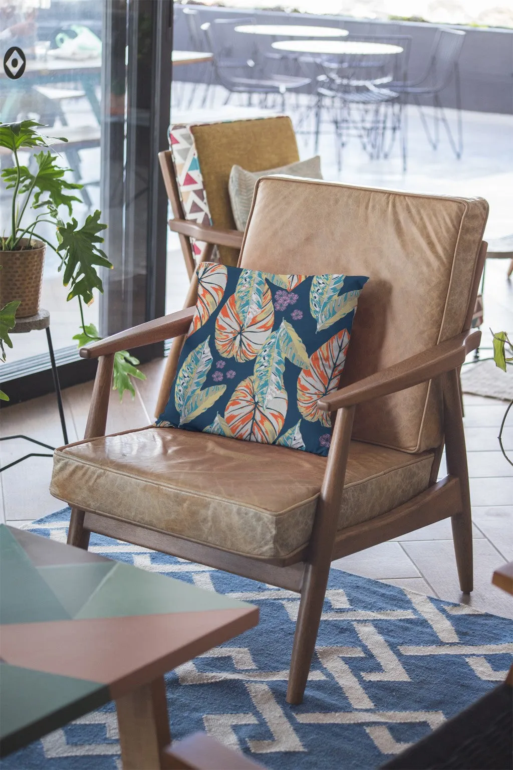 26” Orange Blue Tropical Leaf Indoor Outdoor Zippered Throw Pillow