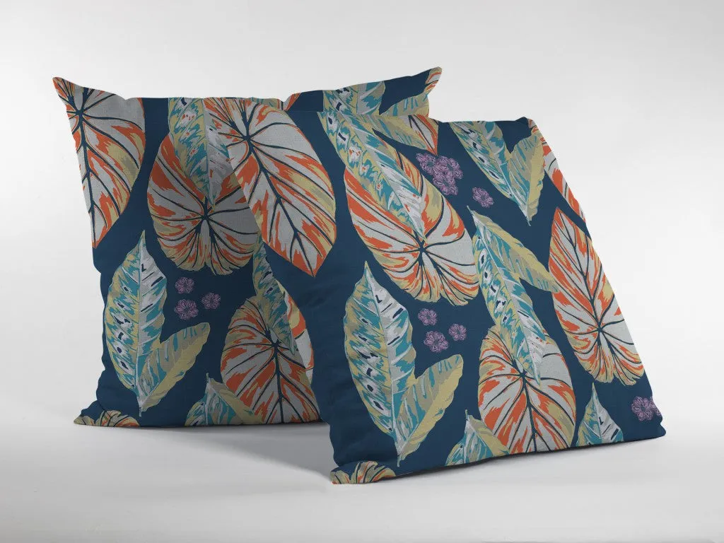 26” Orange Blue Tropical Leaf Indoor Outdoor Zippered Throw Pillow