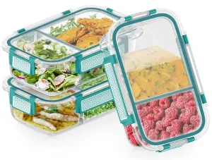 (3 Pack) 2-Compartment Glass Meal Prep Containers Microwavable with Green Airtight Snap-Locking Lids Glass Lunch Containers with NEW DIVIDER SEAL TECHNOLOGY Food Storage Containers BPA Free (36 oz)