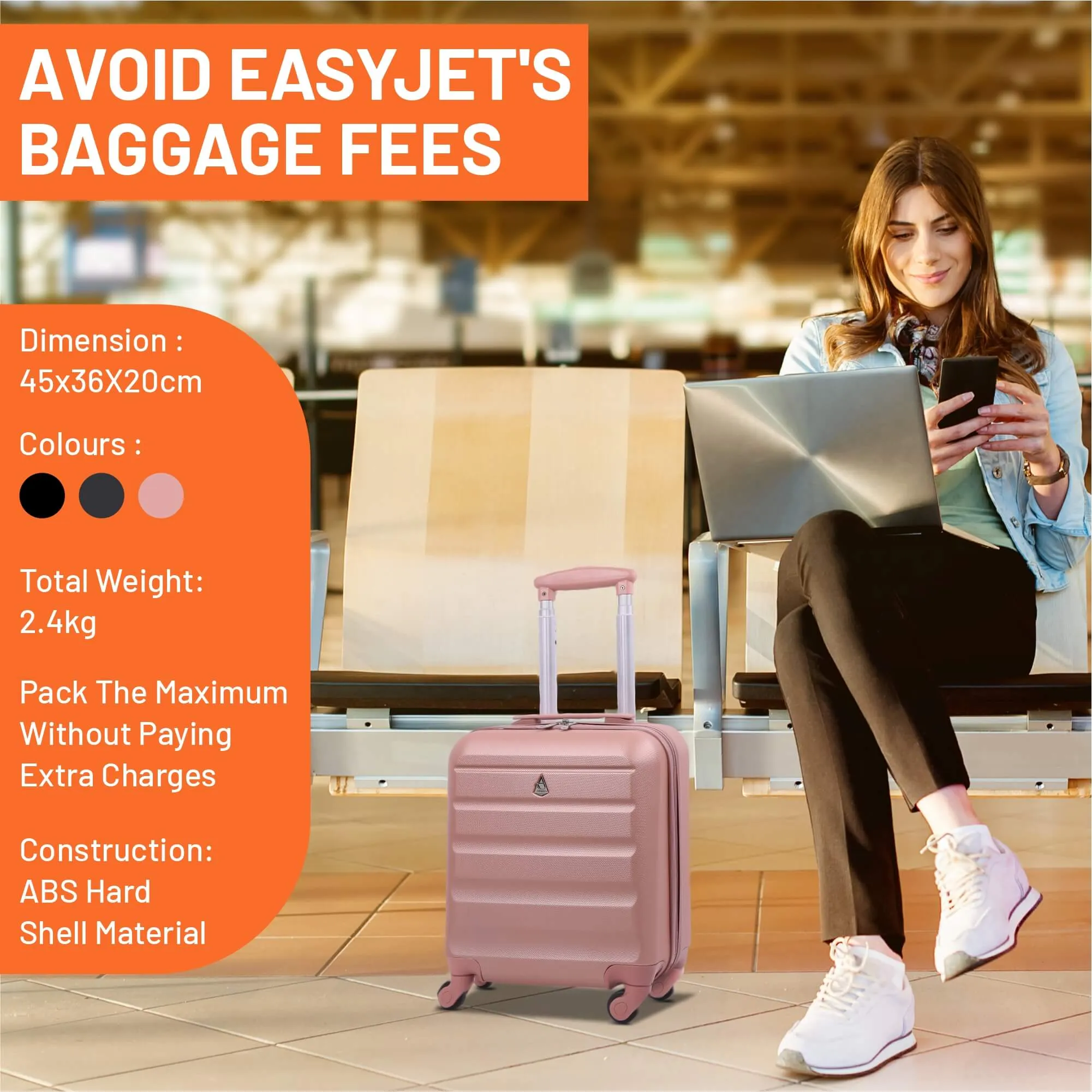 Aerolite (45x36x20cm) Easyjet Maximum Size Hard Shell Carry On Hand Cabin Luggage Underseat Flight Bag Suitcase 45x36x20 with 4 Wheels
