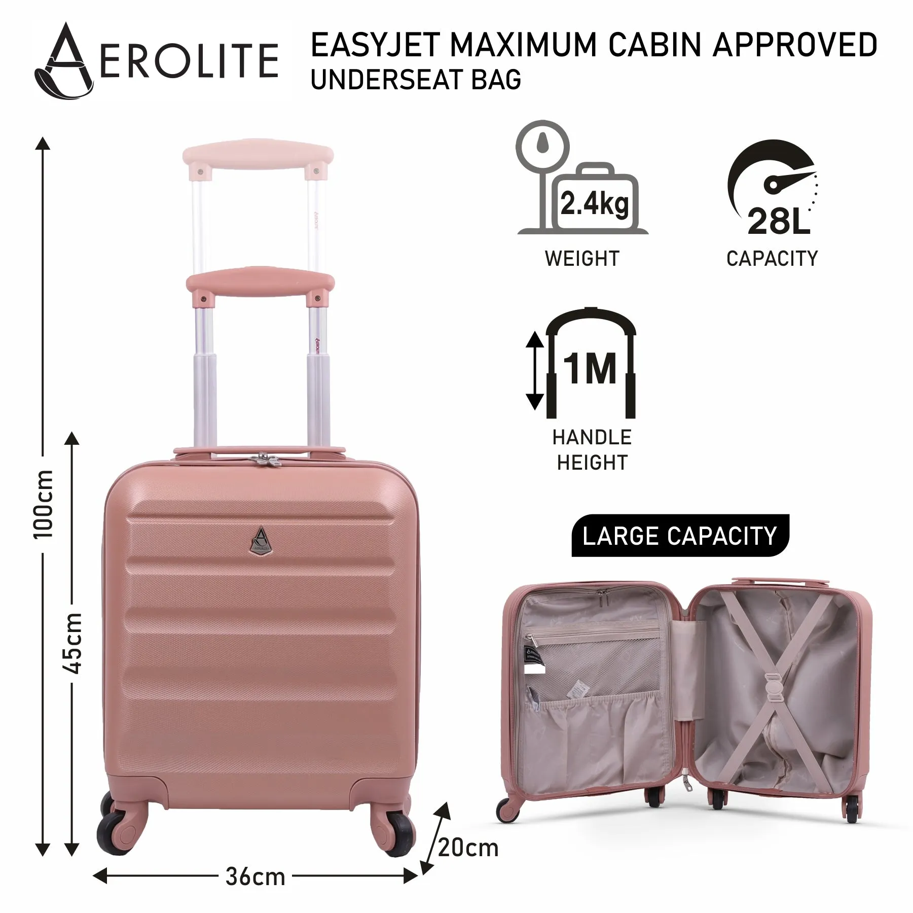 Aerolite (45x36x20cm) Easyjet Maximum Size Hard Shell Carry On Hand Cabin Luggage Underseat Flight Bag Suitcase 45x36x20 with 4 Wheels