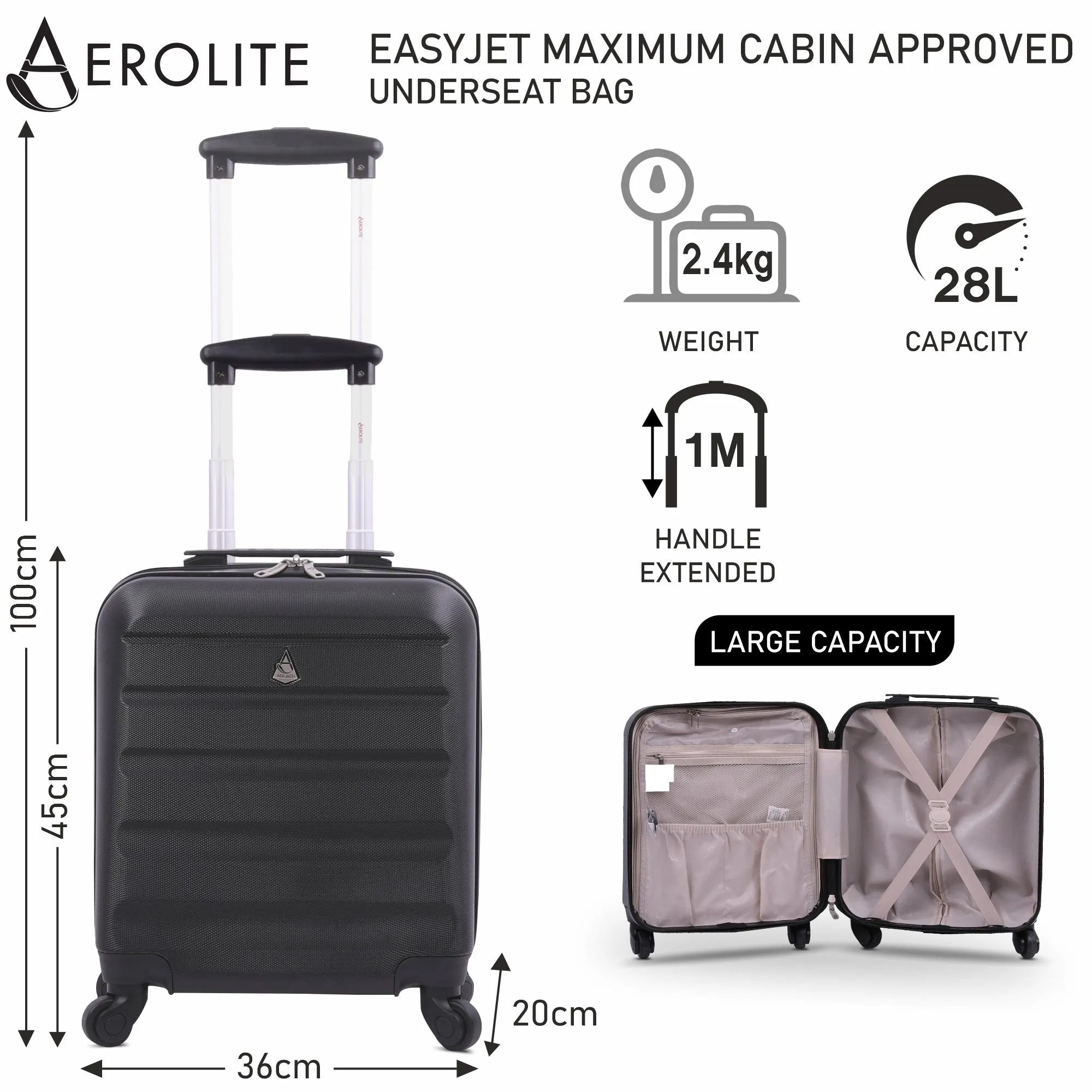 Aerolite (45x36x20cm) Easyjet Maximum Size Hard Shell Carry On Hand Cabin Luggage Underseat Flight Bag Suitcase 45x36x20 with 4 Wheels