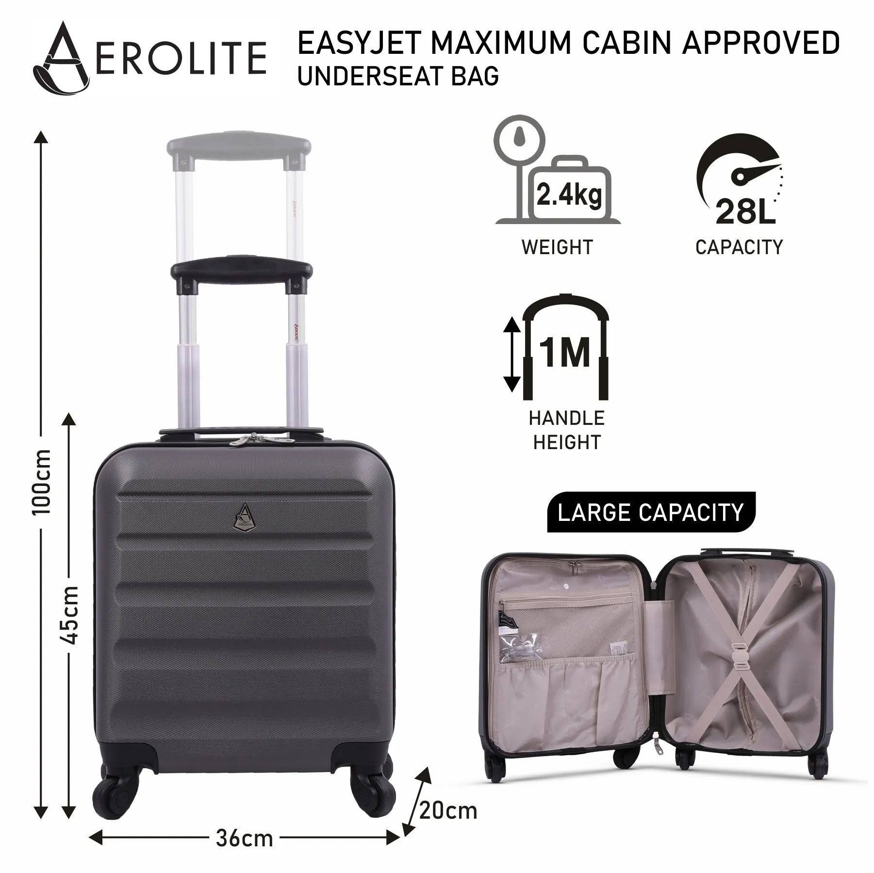 Aerolite (45x36x20cm) Easyjet Maximum Size Hard Shell Carry On Hand Cabin Luggage Underseat Flight Bag Suitcase 45x36x20 with 4 Wheels