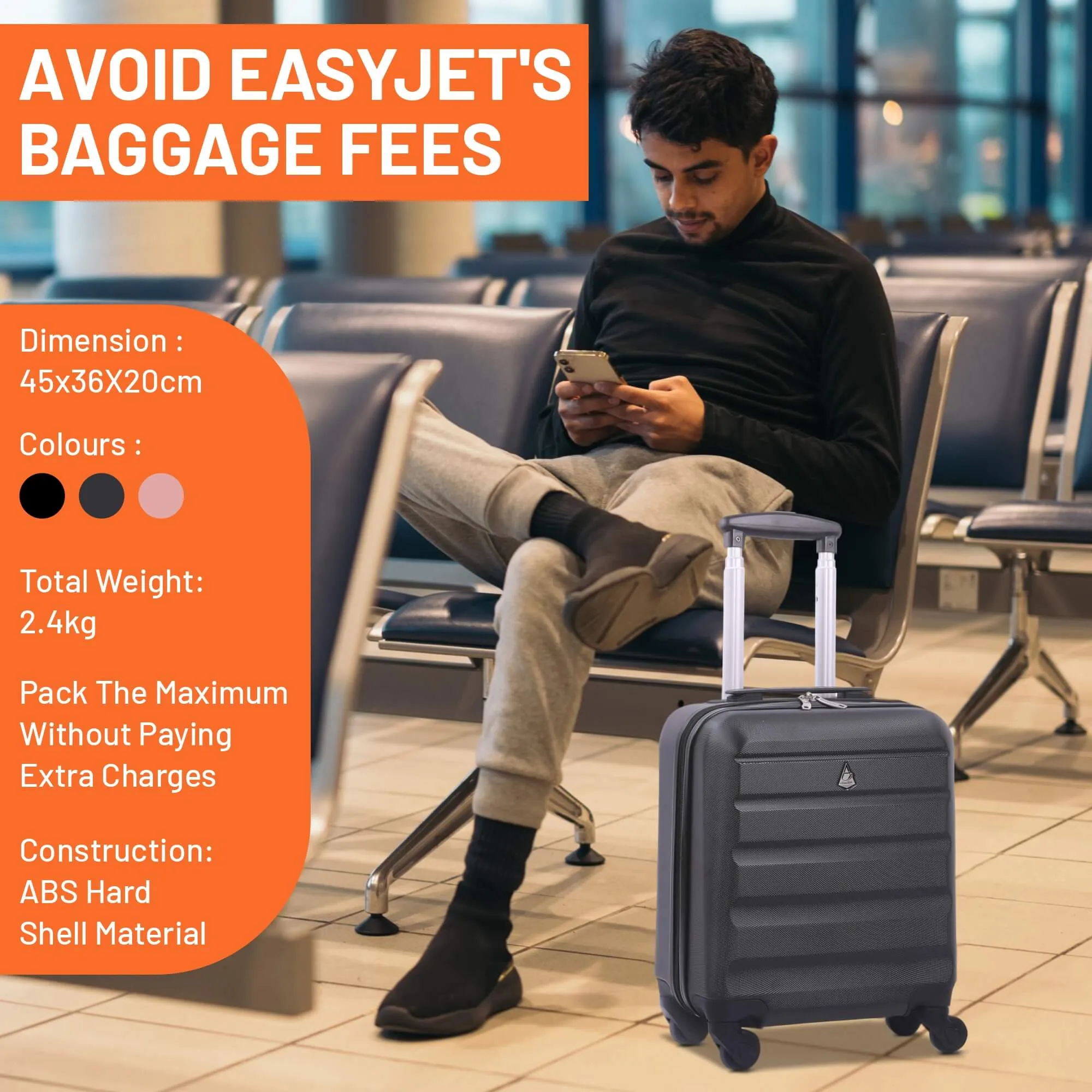 Aerolite (45x36x20cm) Easyjet Maximum Size Hard Shell Carry On Hand Cabin Luggage Underseat Flight Bag Suitcase 45x36x20 with 4 Wheels