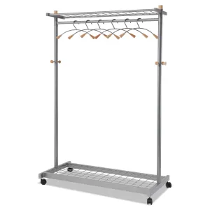 Alba Garment Racks, Two-Sided, 2-Shelf Coat Rack, 6 Hanger/6 Hook, 44.8w x 21.67d x 70.8h, Silver Steel/Wood