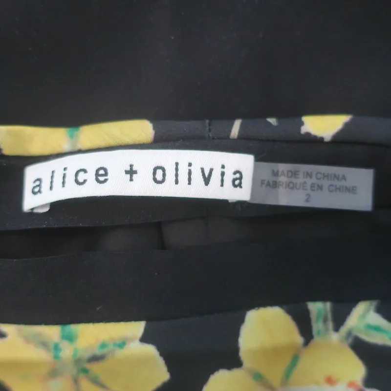 Alice   Olivia Maeve Midi Slip Skirt Black Floral Print Charmeuse Size 2