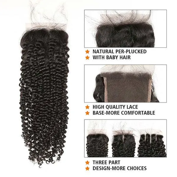 Alipop Hair Kinky Curly 4 Bundles With Lace Closure 100% Unprocessed Kinky Curly Human Hair Bundles with 4x4 Lace Closure Natural Color