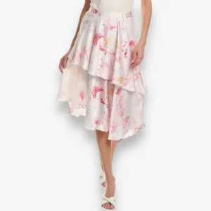 BCBGMAXAZRIA Asymmetrical Floral Satin Midi Skirt, Size Medium