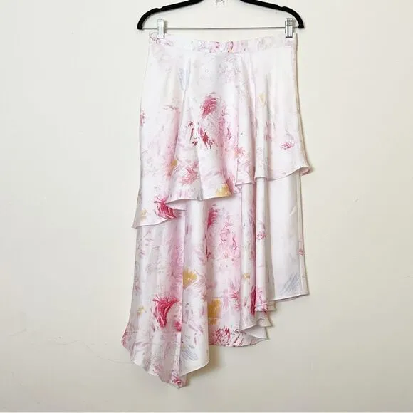 BCBGMAXAZRIA Asymmetrical Floral Satin Midi Skirt, Size Medium