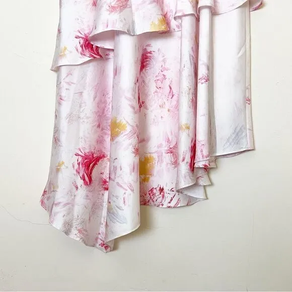 BCBGMAXAZRIA Asymmetrical Floral Satin Midi Skirt, Size Medium