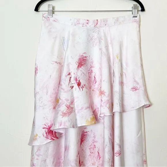 BCBGMAXAZRIA Asymmetrical Floral Satin Midi Skirt, Size Medium