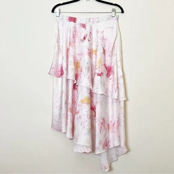 BCBGMAXAZRIA Asymmetrical Floral Satin Midi Skirt, Size Medium