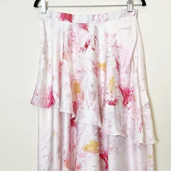 BCBGMAXAZRIA Asymmetrical Floral Satin Midi Skirt, Size Medium