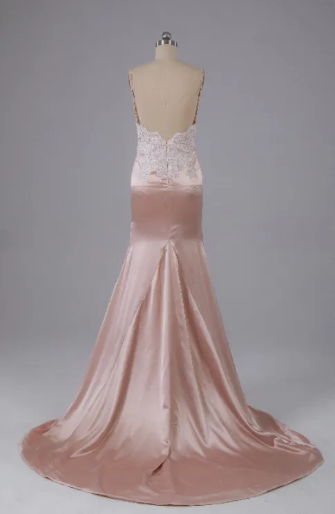 Beautiful Open Back Sweep Train Prom Dress with Lace Appliques