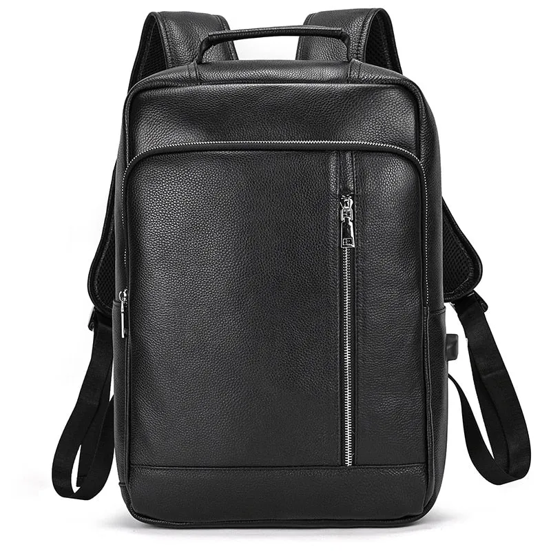 Black Cow Leather Laptop Backpack for Men