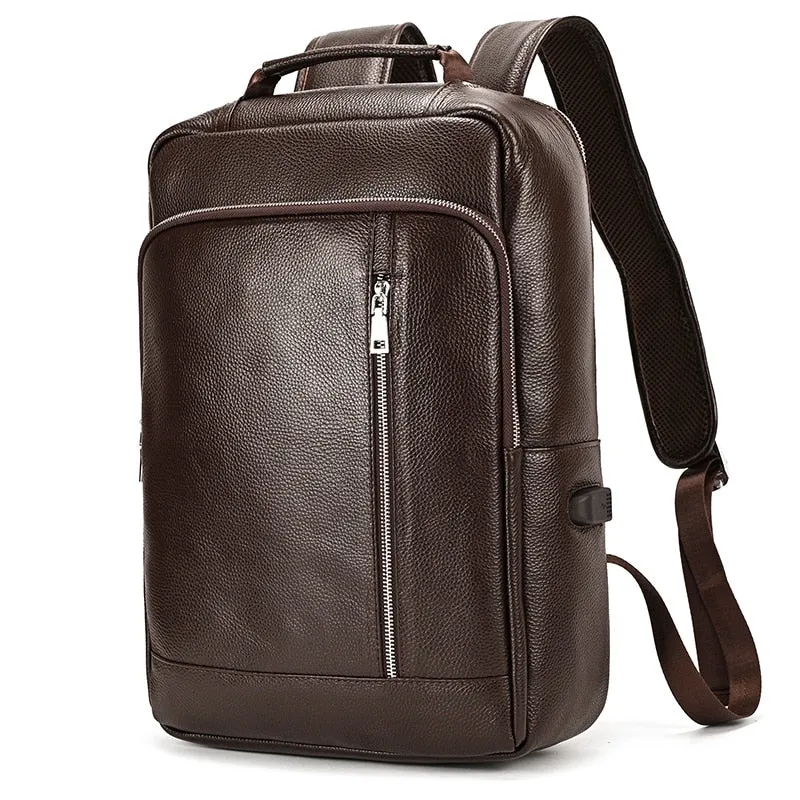 Black Cow Leather Laptop Backpack for Men