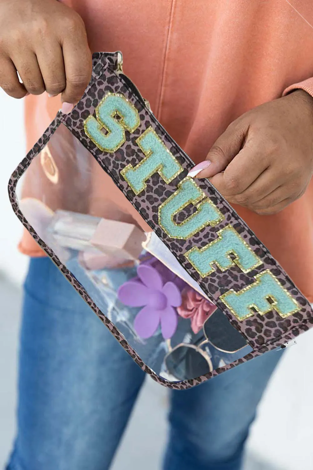 Black STUFF Cow Print Transparent Zipped Pouch