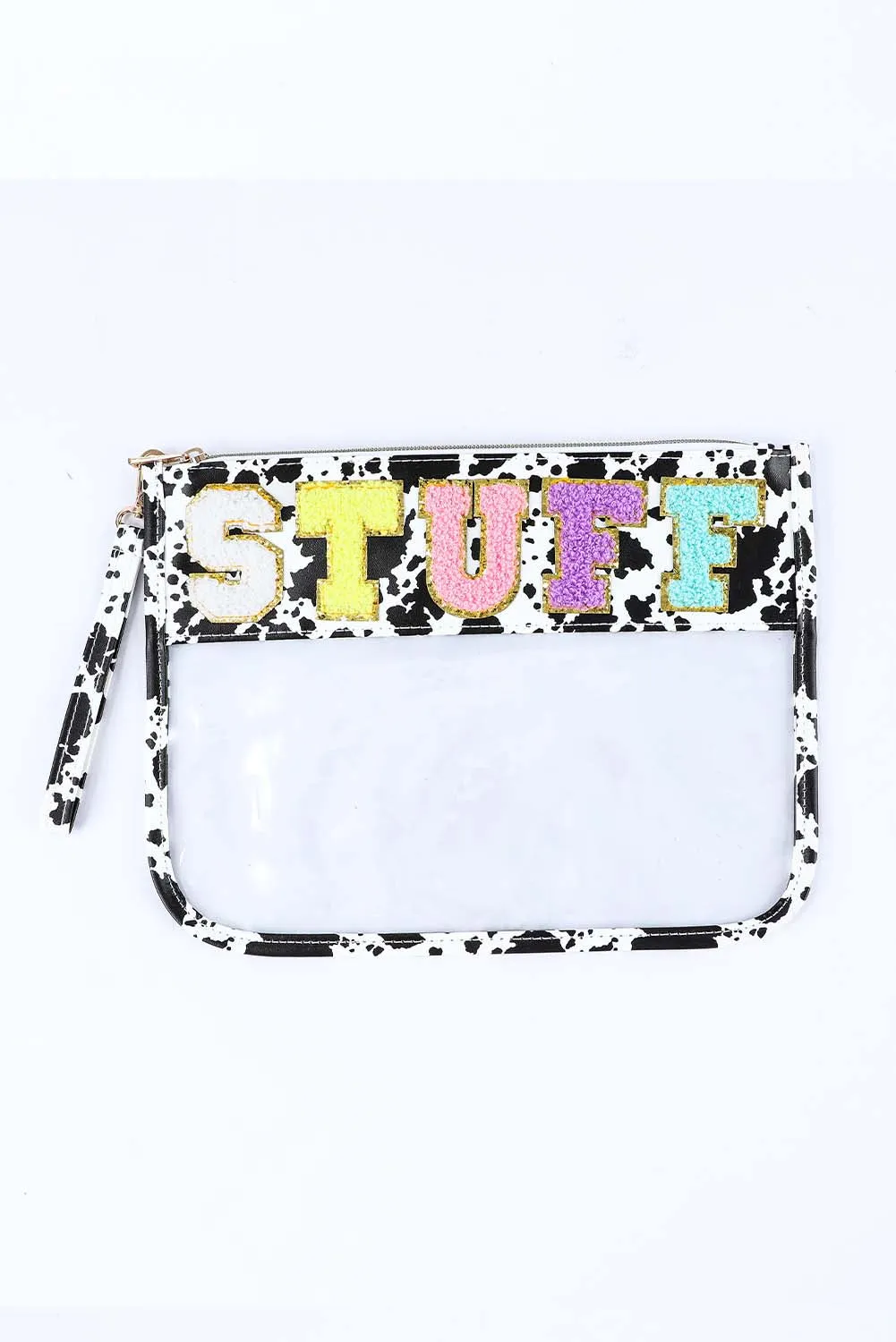 Black STUFF Cow Print Transparent Zipped Pouch