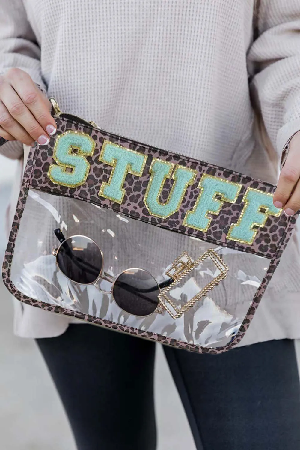 Black STUFF Cow Print Transparent Zipped Pouch